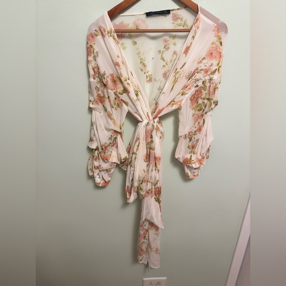 Zara Cream Floral Tie-Front Blouse - Picture 3 of 12